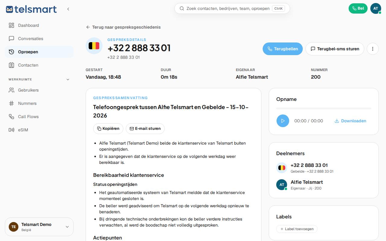Gespreksdetails met de AI-samenvatting en actiepunten.