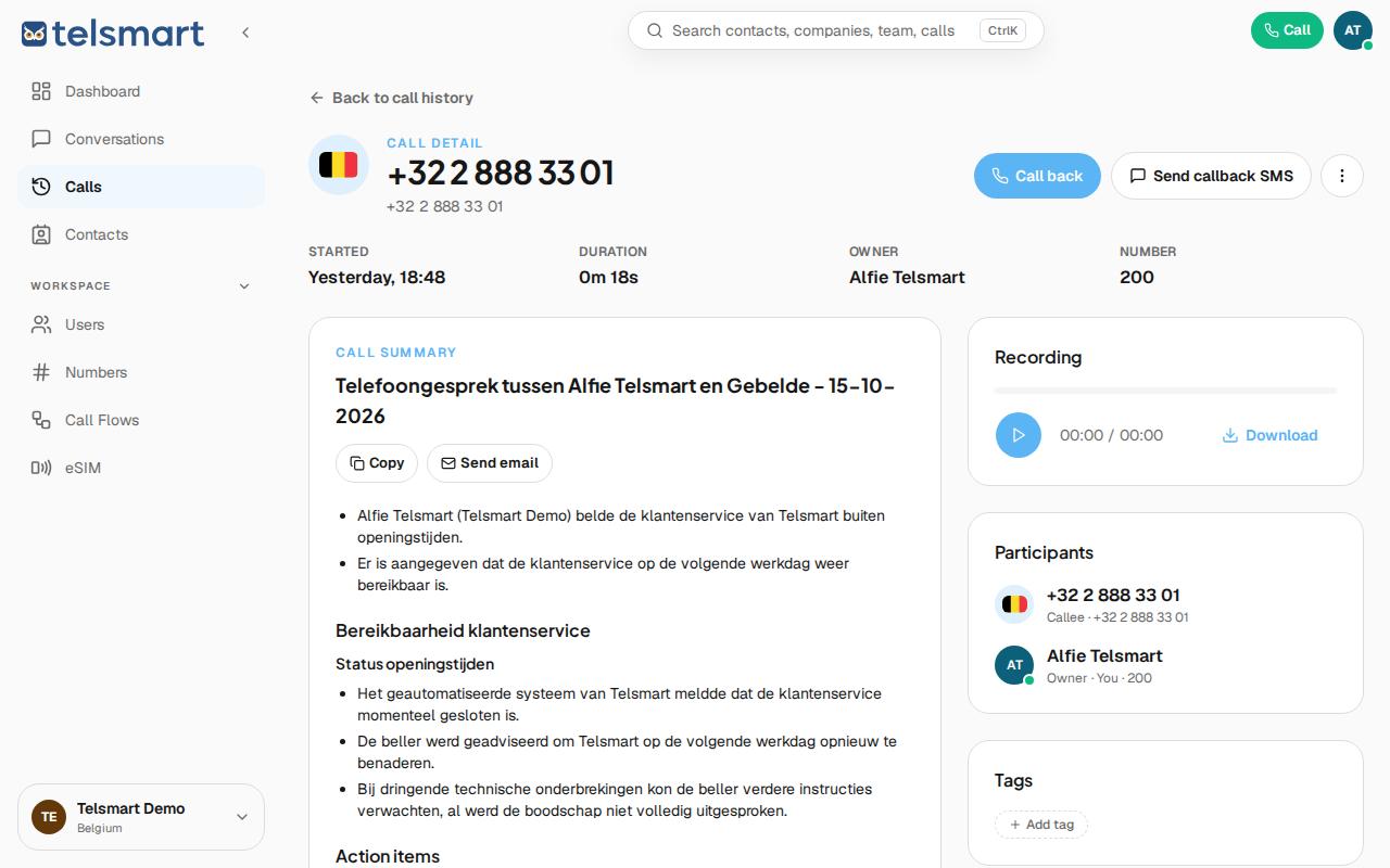 Call details with the AI summary and action items.