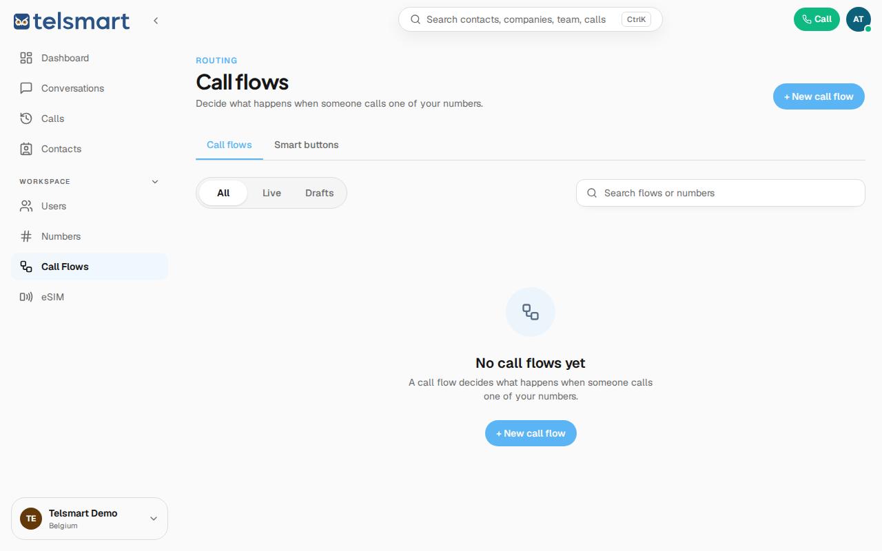 Call flows overview, empty, with the New call flow button.