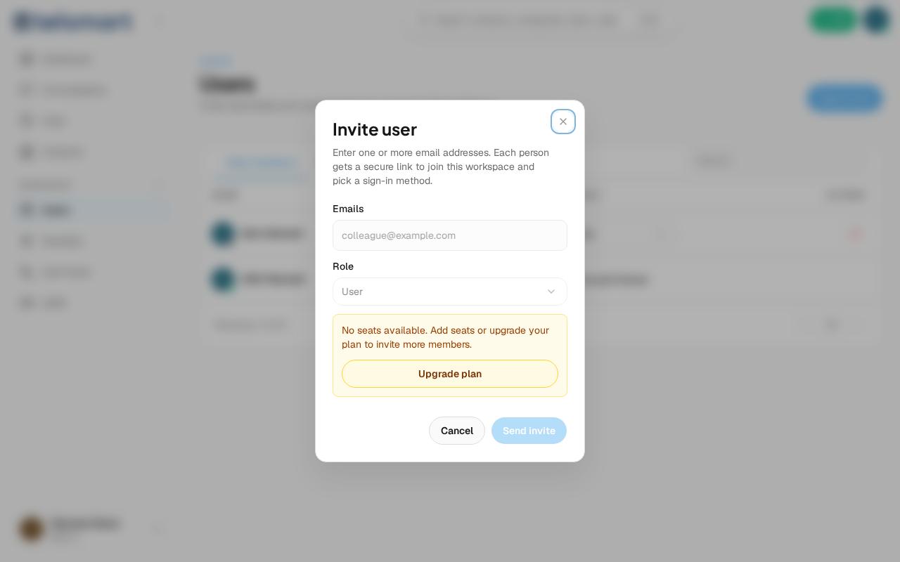 The invite modal when there are no free seats left.
