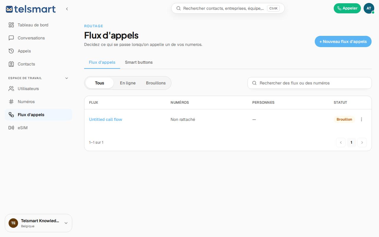Aperçu des flux d'appels, avec le bouton Nouveau flux d'appels.