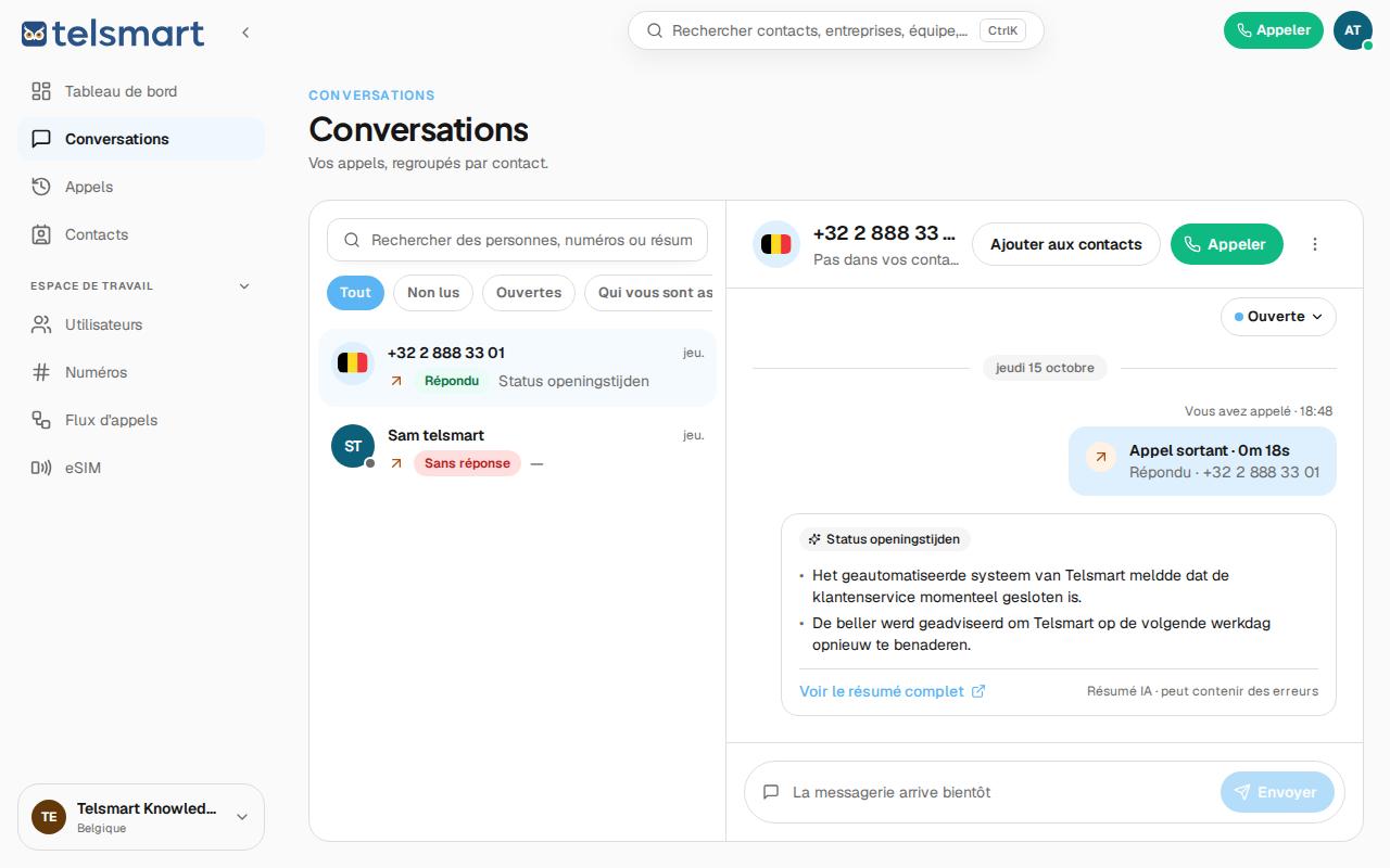 Fil de discussion dans Conversations avec le statut et le menu ⋮.
